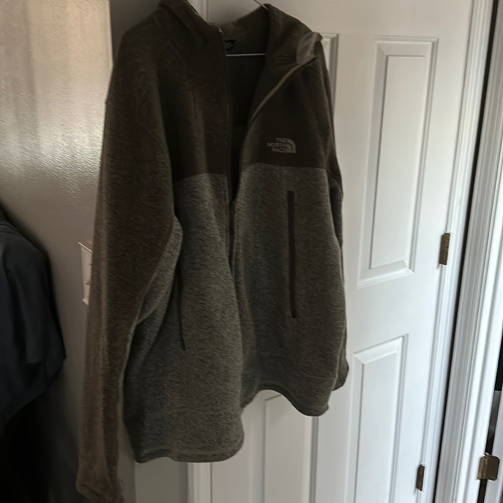 NorthFace pea coat/fleece jacket with hoodie! Worn 3x’s brown & beige. Like NEW!
